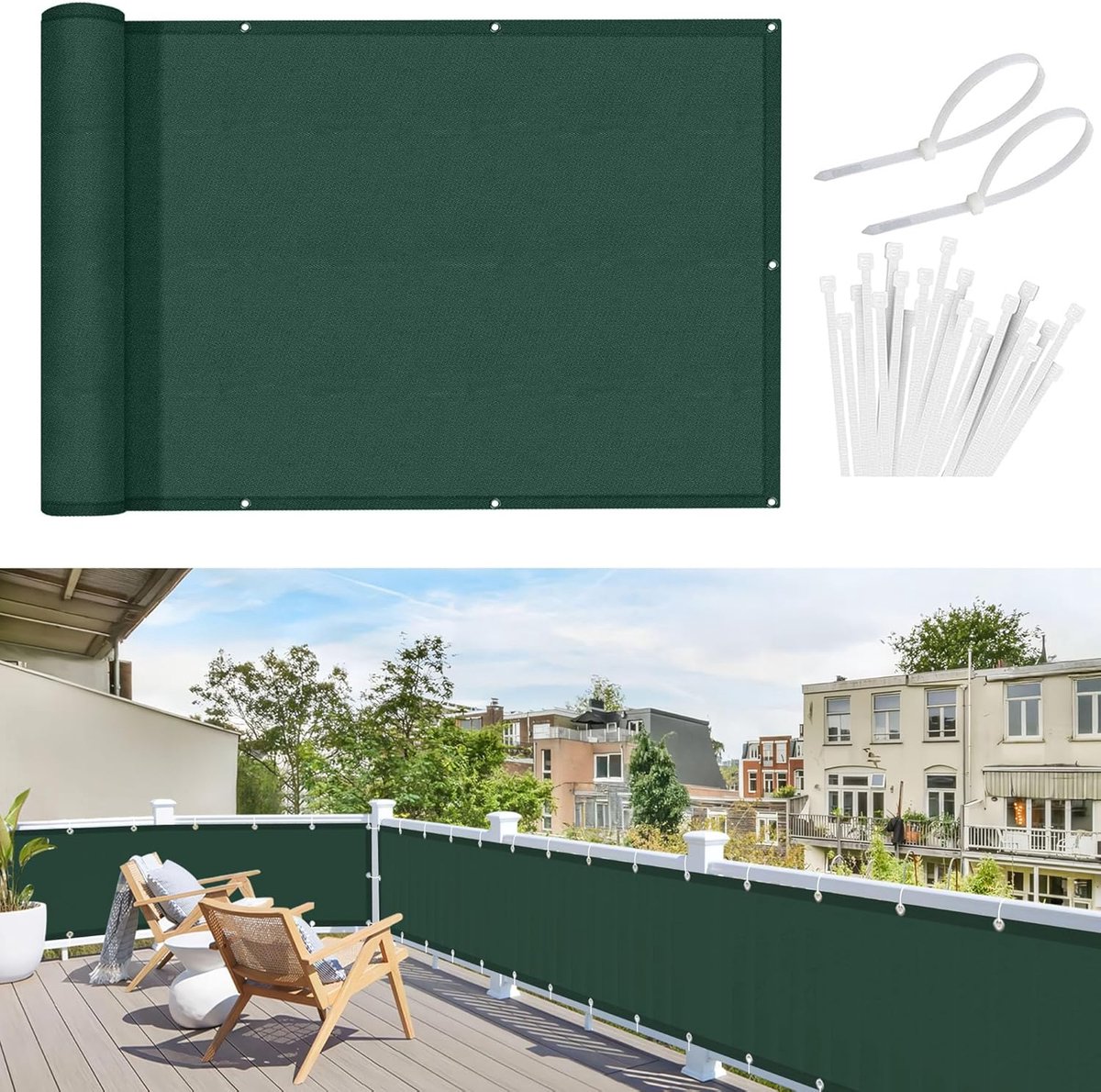 SnelShoppen - Balkon Privacy Scherm 90 x 800 cm - Windbescherming, Opaak, 100% Polyester (PES) 170 g/m², UV- en Waterdicht, Met Oogjes en Kabelbinders