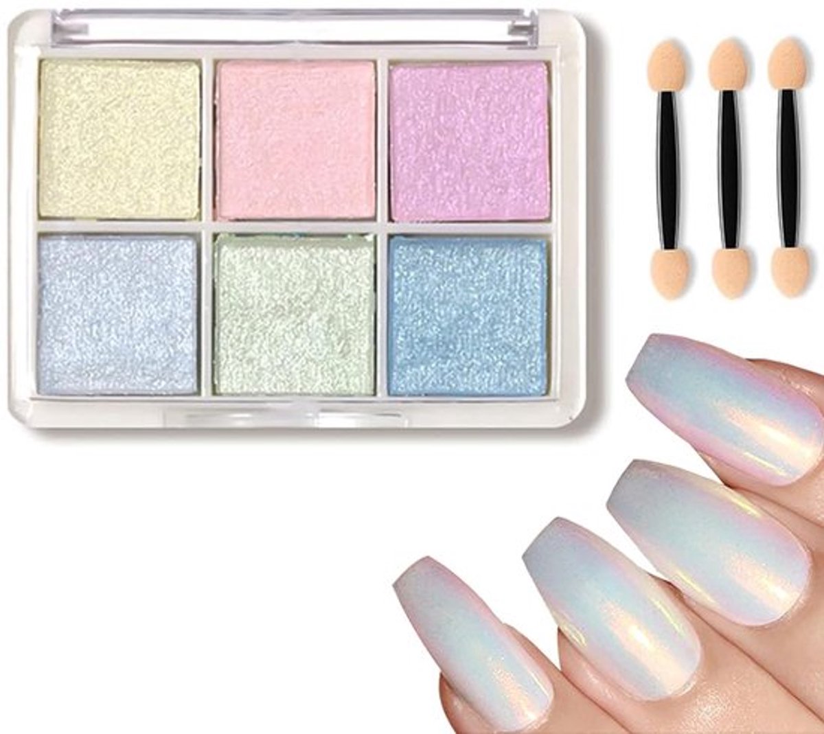 Nagelpoeder 6 Kleuren - Glinsterend/Pareleffect - Glitterpads - Applicators - Draagbaar/Lichtgewicht - 6,8 x 5 x 1,2 cm - Nail Art