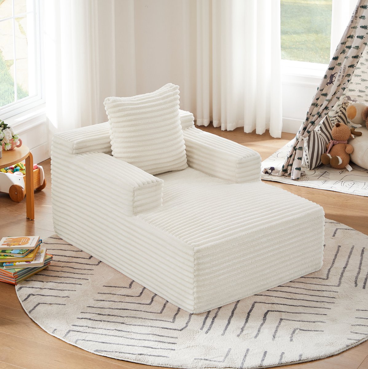 OKWISH Chaise Longue - 1-Zits Relaxstoel En Slaapsofa Zonder Montage - Zachte Ribstof En Comfortabele Vulling - Voor Woonkamer Of Kantoor - Beige