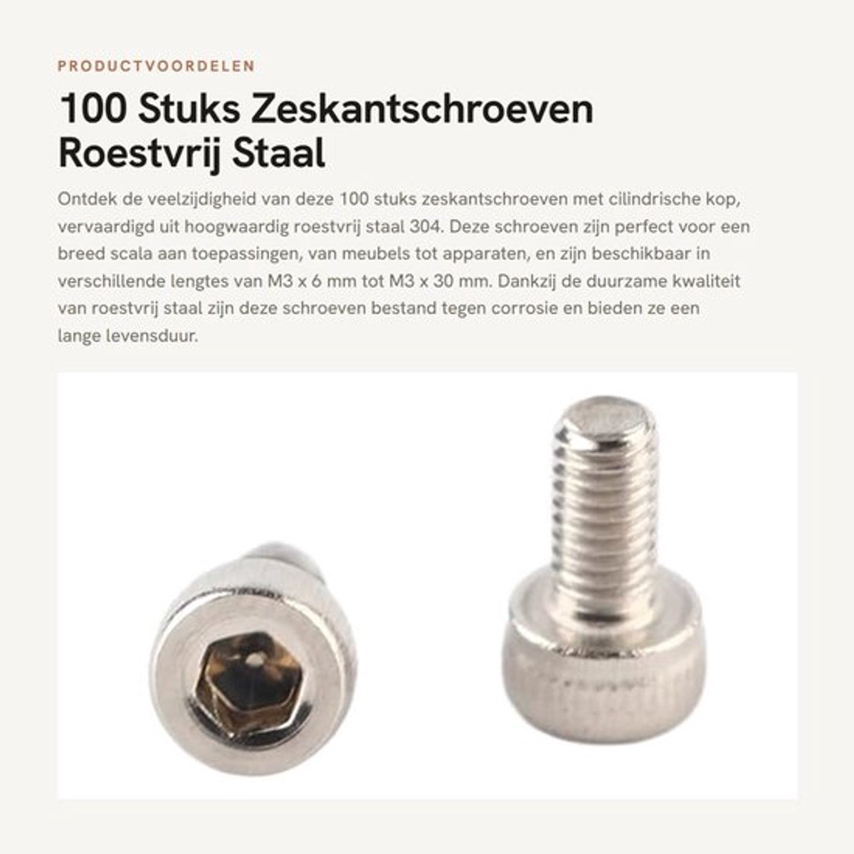 Zeskantschroeven 100 stuks - Cilindrische kop - Roestvrij staal 304 - M3 x 6/8/10/12/14/16/18/20/22/25/30 mm - Roest- en corrosiebestendig - Kwalitatief hoogwaardig - Schroeven