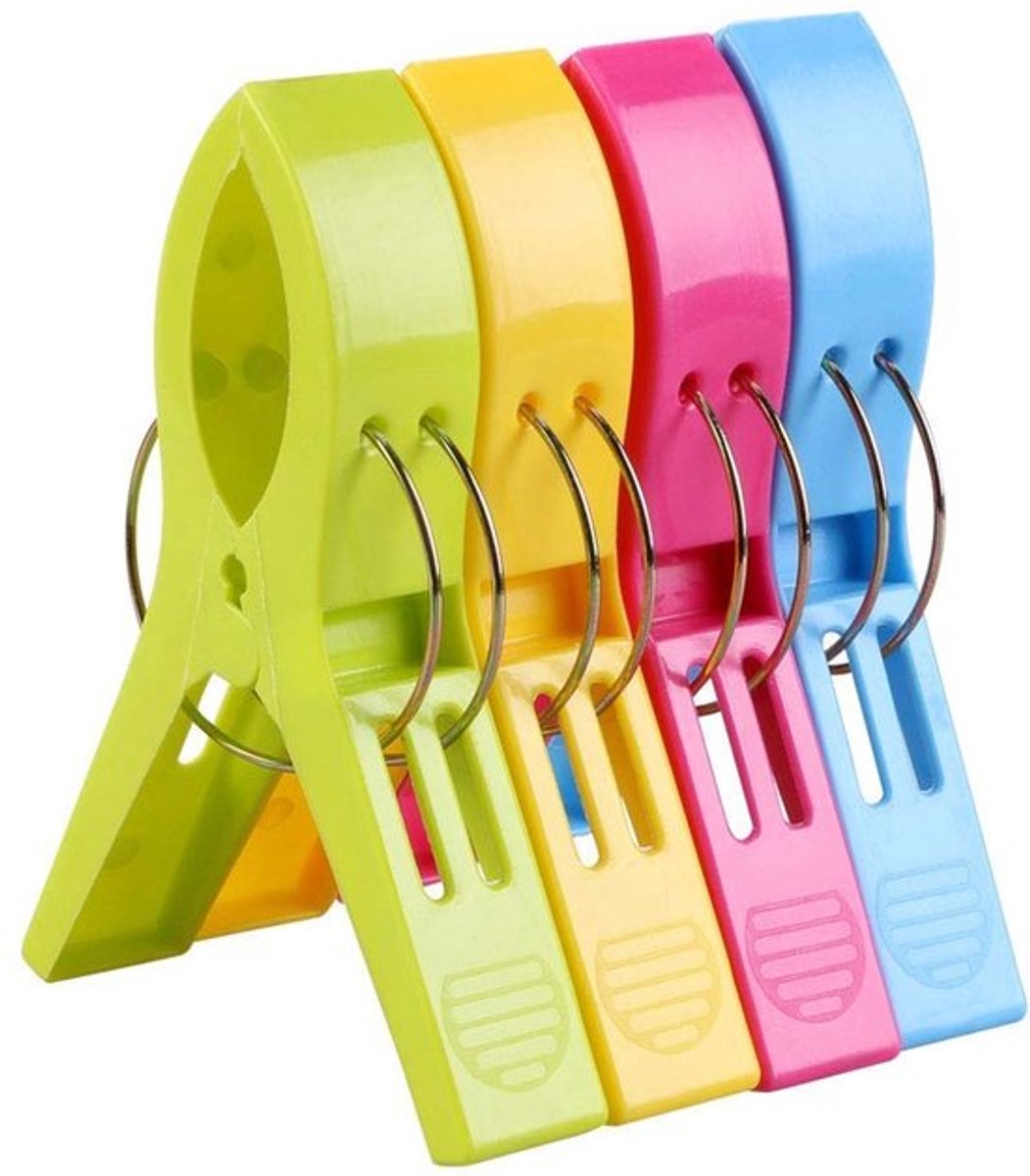 Strandhanddoekclips - Grote Wasknijpers - Antislip Ontwerp - Felgekleurde Plastic - Voor Ligbedden en Wasgoed - 4 Stuks
