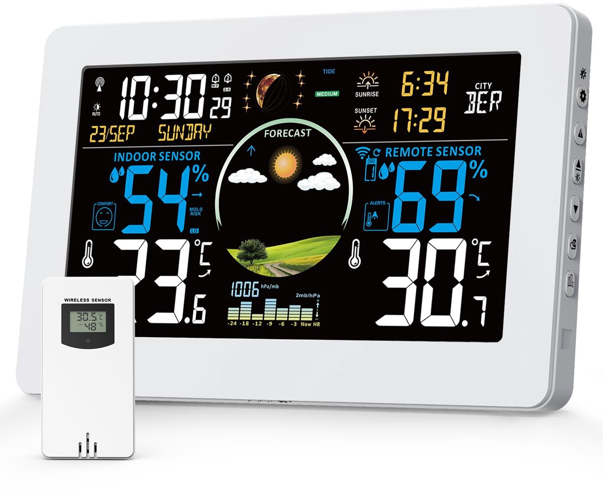SnelShoppen - Draadloos Weerstation met Buitensensor, Multifunctioneel Digitaal Weerstation voor Temperatuur, Luchtvochtigheid, Weersvoorspelling, Ala