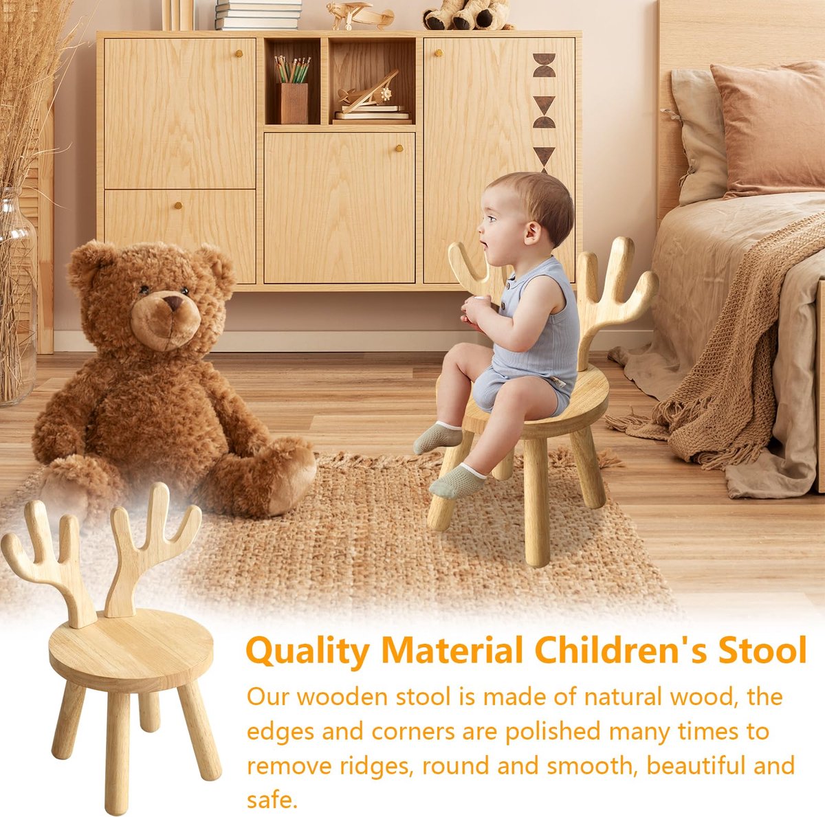 SnelShoppen - Ysislybin Kinderstoel Massief Houten Stoel met Rugleuning voor Kinderen, Antislip en 25 cm Zithoogte, Ideaal voor Kinderkamer en Speelru