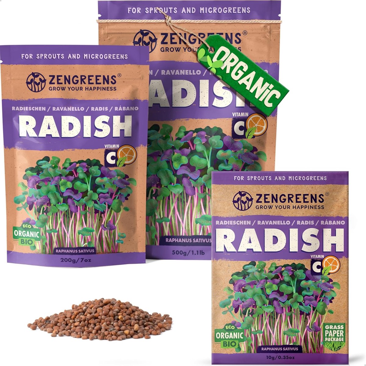 Radijs Rambo zaden 10g, 200g of 500g - Biologisch - Meer dan 97% kieming - Ideaal voor microgreens - ShopVlot