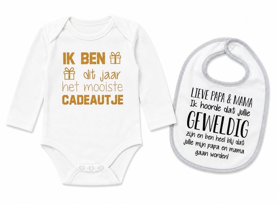 cadeau set baby slabbetje en rompertje met tekst voor jongen of meisje bekendmaking zwangerschap aankondiging geboorte zwangerschapsaankondiging aanstaande papa mama worden opa en oma oom tante bekend maken moederdag vaderdag
