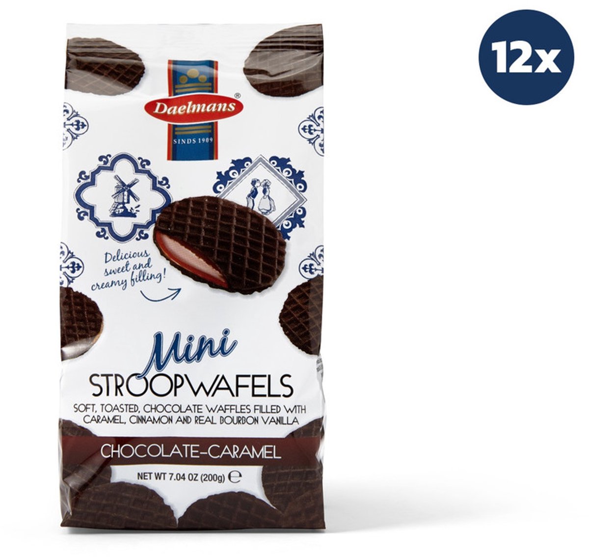 Daelmans Mini Chocolade Stroopwafels - Doos met 12 zakjes - 200 gram per zakje - 25 mini chocolade stroopwafels per zakje (280 Koeken)