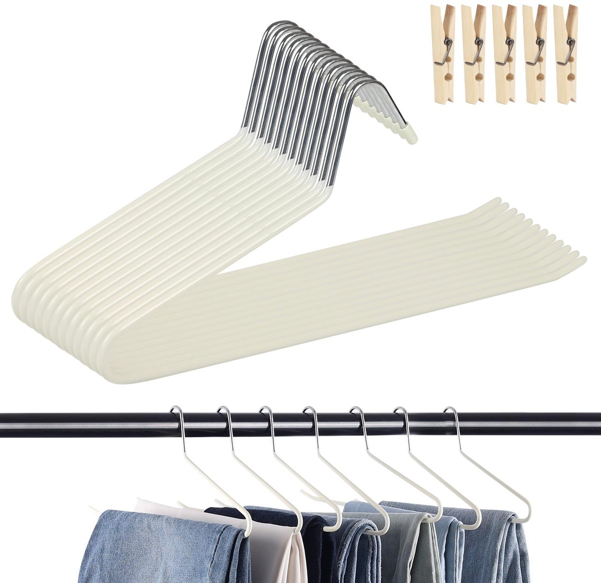 SnelShoppen - 12 Stuks Broekhangers - Ruimtebesparende Kledinghanger met Antislip Clips voor Broeken, Jeans en Sjaals - Metalen Broekhanger in Beige m