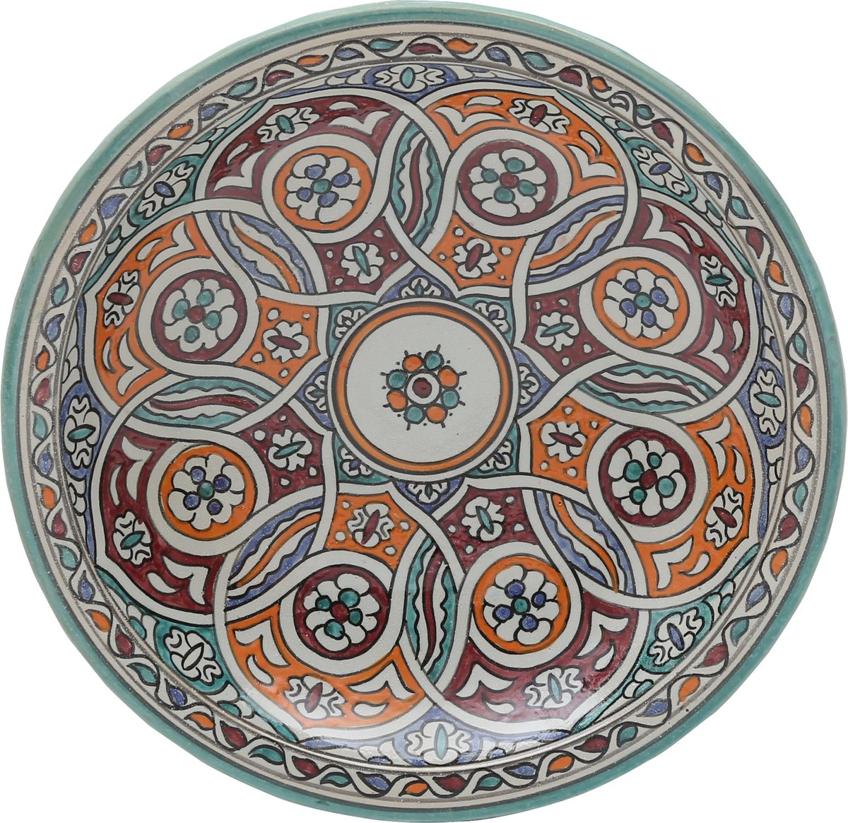 Marokkaanse keramische schaal – Handgeschilderde fruitschaal en decoratieschaal uit Fès – Vlechtpatroon – Meerkleurig – Ø 35 cm
