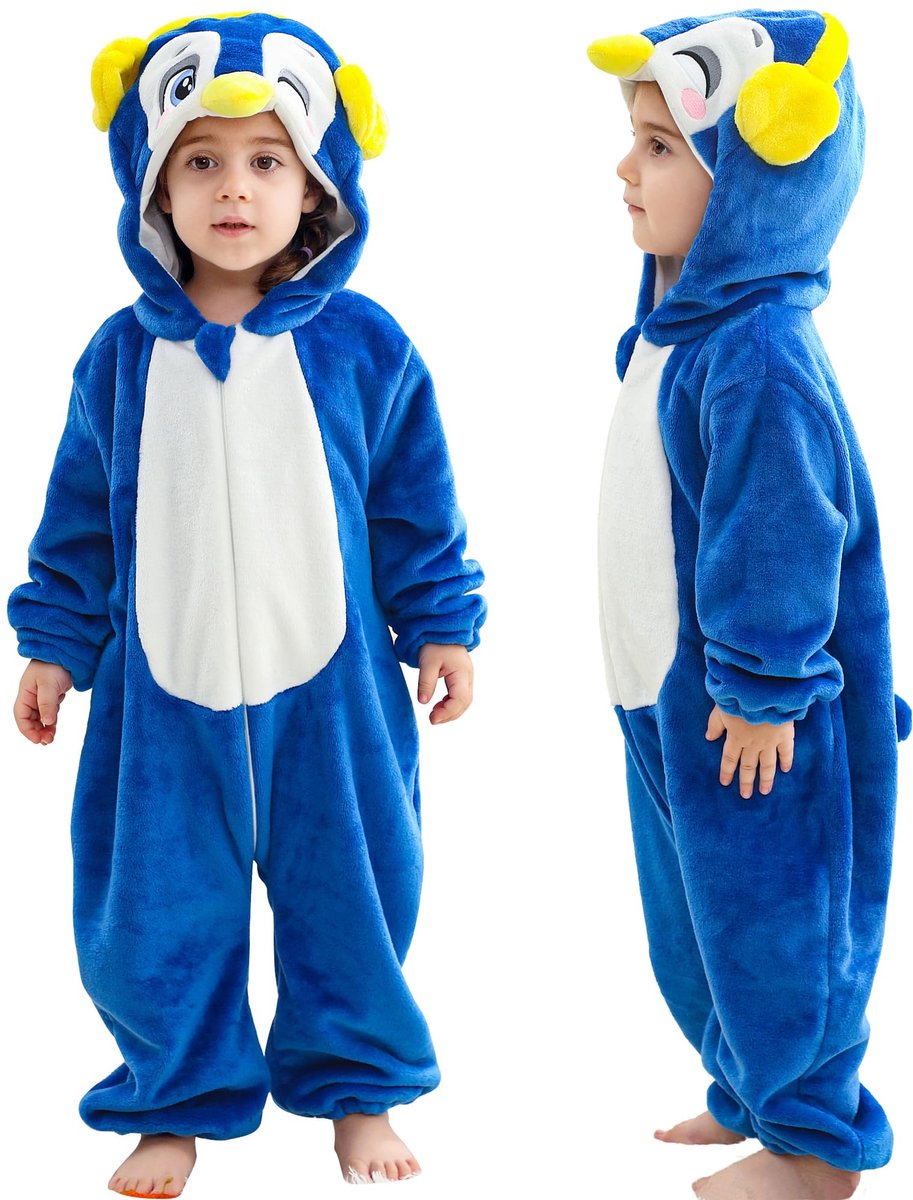 SnelShoppen - Baby Flanellen Cartoon Romper met Capuchon en Rits voor Peuters, Jumpsuit voor Jongens en Meisjes, Blauwe Pinguïn, 2-6 Maanden, Ideaal v