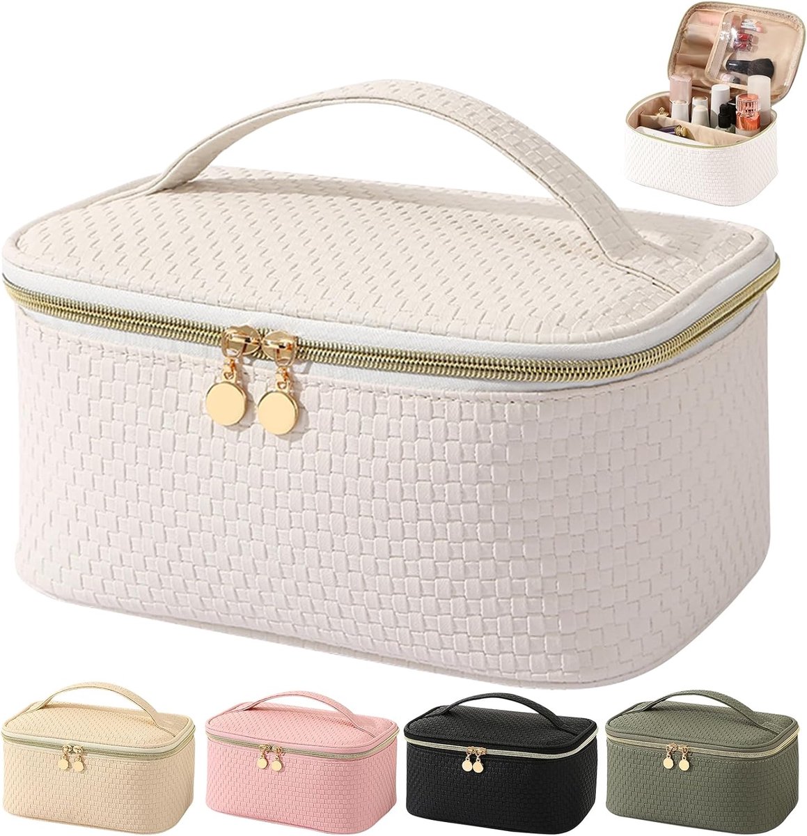 SnelShoppen - Waterproof Reistas Cosmetica Tas PU Leer Groot met Borstel Compartiment Toilettas Organizer Draagbaar Wit (Parel), Rits