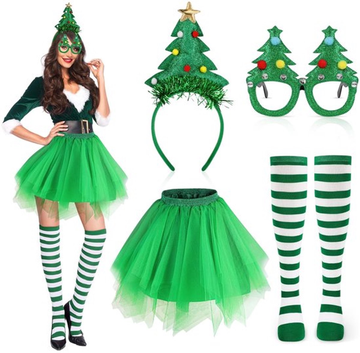 Kerstboomkostuum 4-delige set - Tutu-rok - Kousen - Glitterkerstbril - Haarband - Verstelbare maat - Kerstkostuum