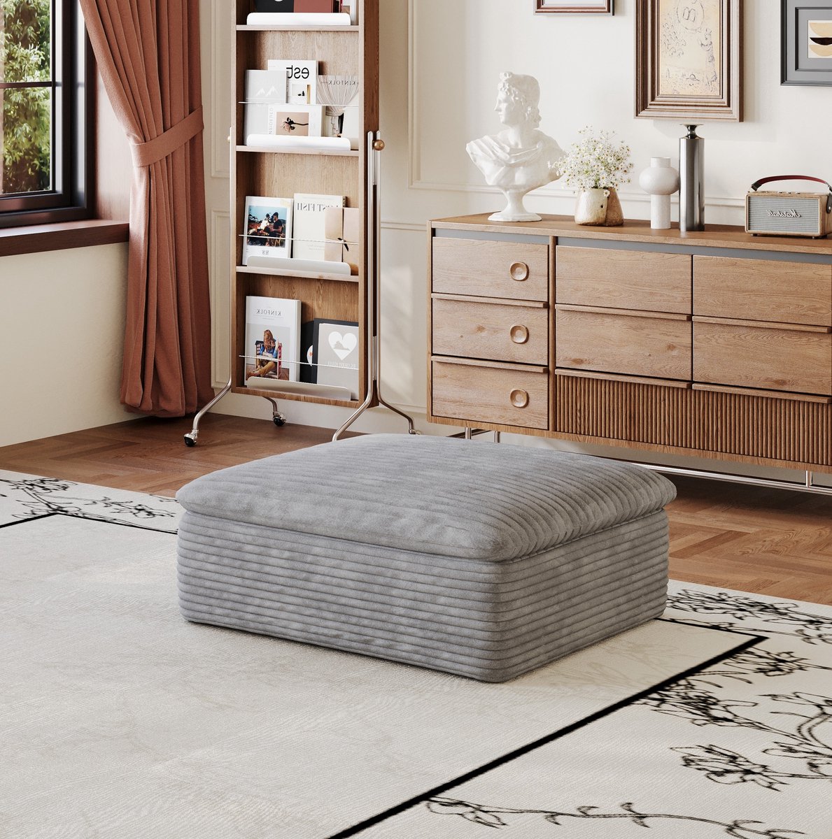 MODENUIT Poef – 90 x 70 x 42 cm – Ribstof – Grijs – Vierkant – Schuimvulling – Voor Binnengebruik