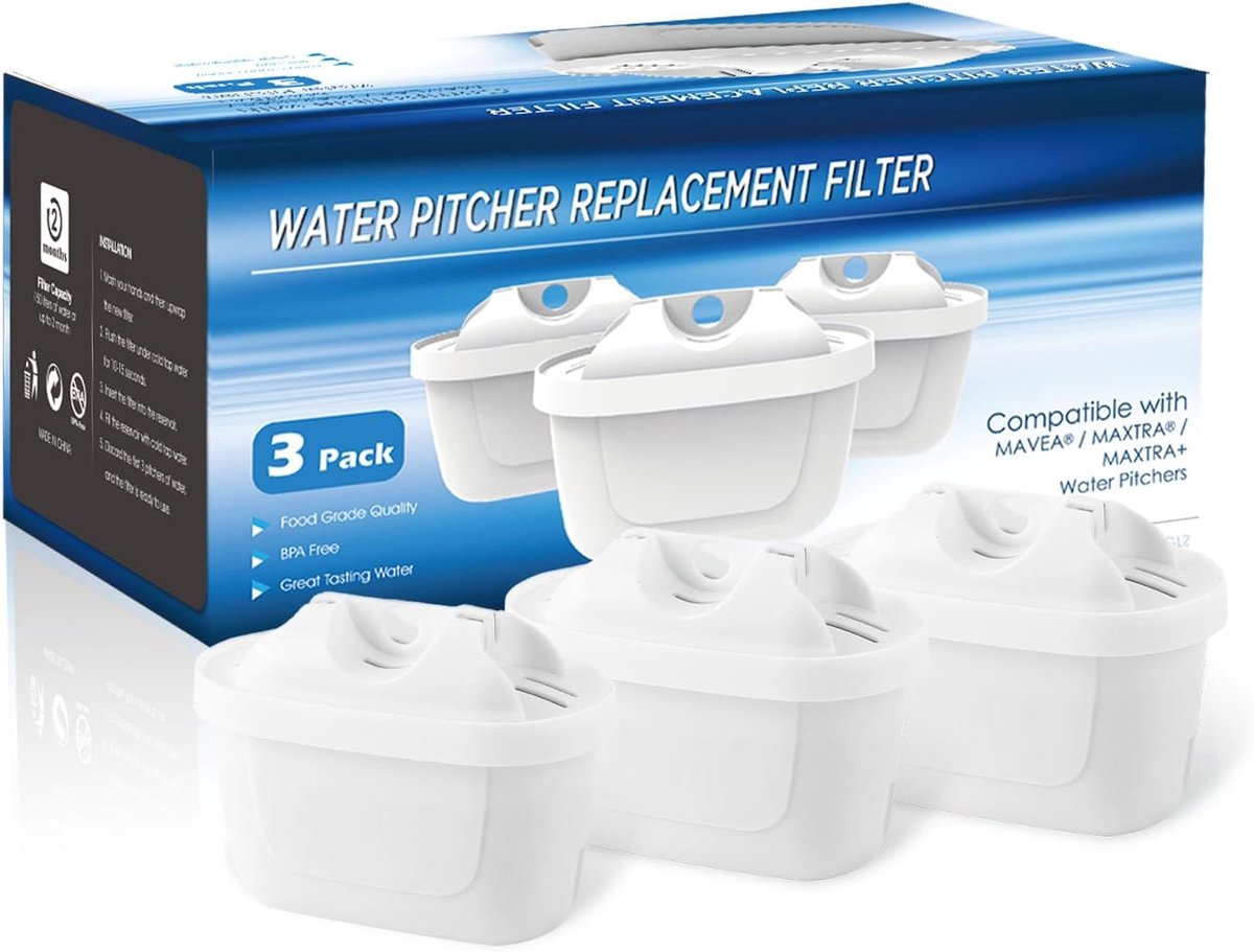 SnelShoppen - Waterfilter Cartridges voor Drinkwater, Vermindert Chloor, Kalk, PFAS en Metalen, Geschikt voor Diverse Systemen, 3 Stuks, Actieve Kools