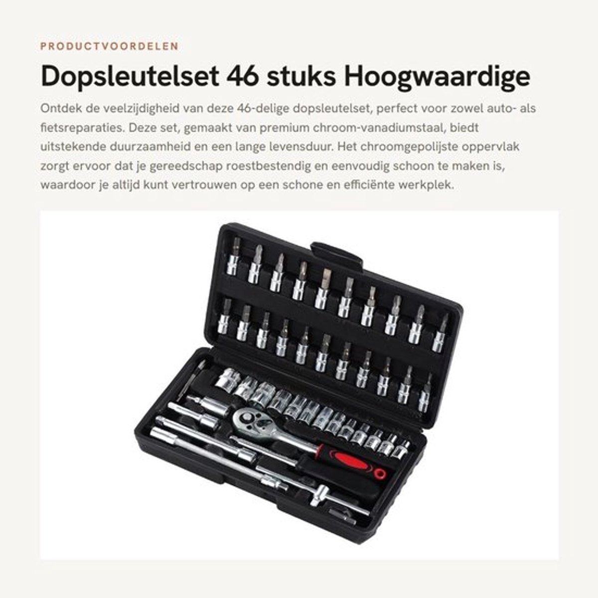Dopsleutelset 46 Stuks - Steeksleutelset - Ratelset - Verlengstangen - Schroevendraaier Bits - Chroom-Vanadiumstaal - Sleutelset