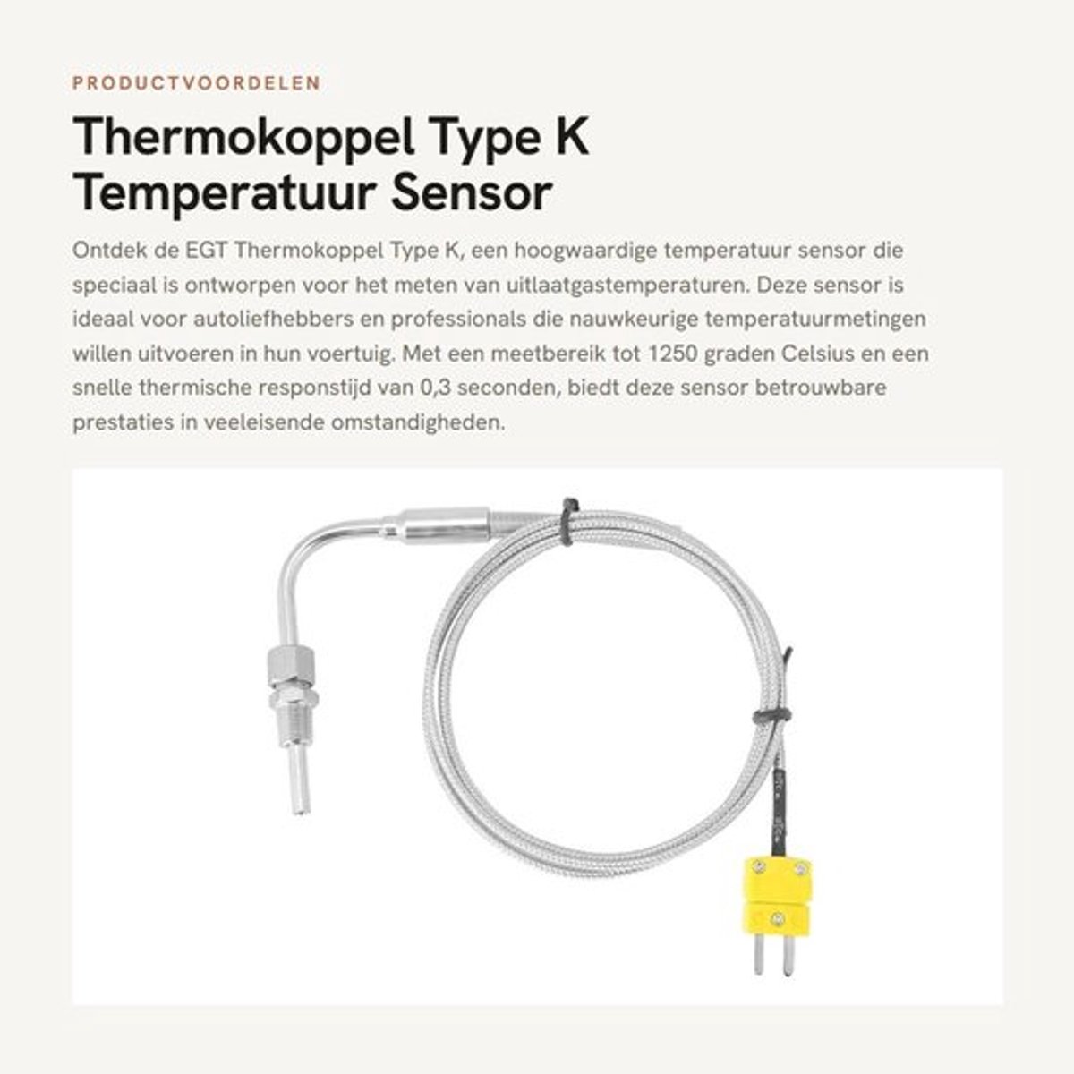 Thermokoppel Type EGT K - Temperatuursensor - Roestvrij Staal - Meetbereik 0-1250°C - Snel reagerend - Mini-K-stekker - Instelbare drukvergrendeling