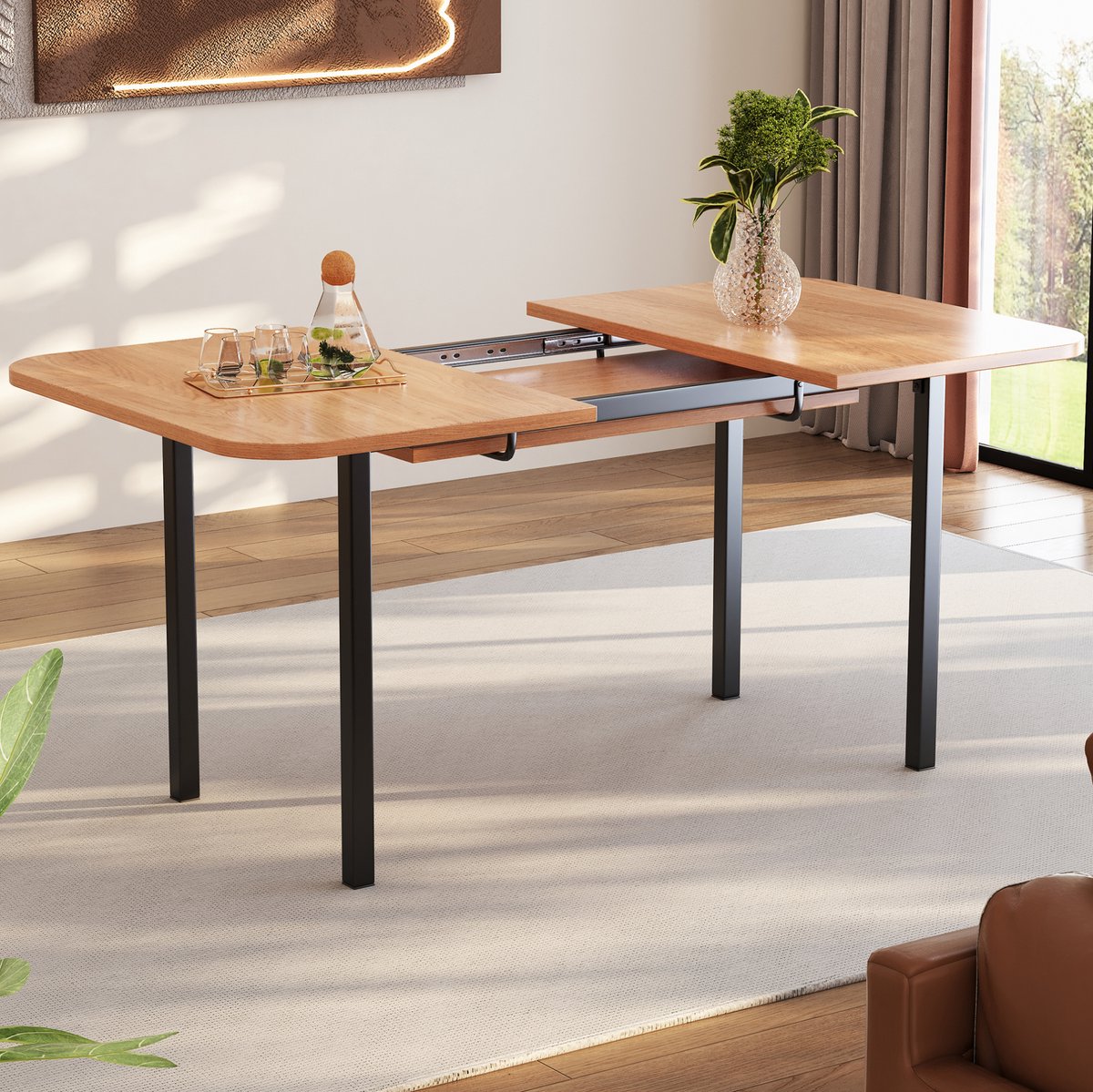 MEUNIQ uitschuifbare eettafel 120-160 x 80 x 75 cm, rechthoekig, eikenlook, MDF met metalen onderstel, voor eetkamer