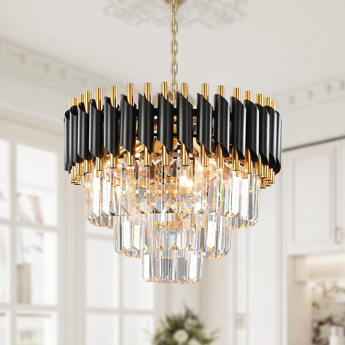 SnelShoppen - Modern Crystal Chandeliers, 3-laagse Gouden Zwarte Hanglamp voor Woonkamer en Eetkamer, E14*5, K9 Kristal, Exclusief Lampen