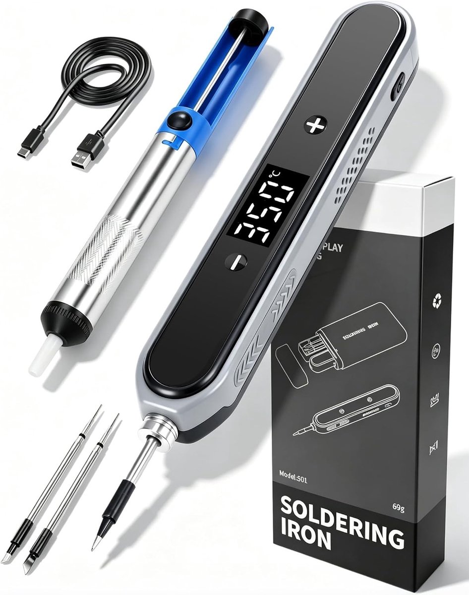 Draadloze soldeerbout met 1600 mAh batterij, USB-C, LED-display, temperatuurregeling en snelle verwarming voor precisiewerk en hobbyprojecten