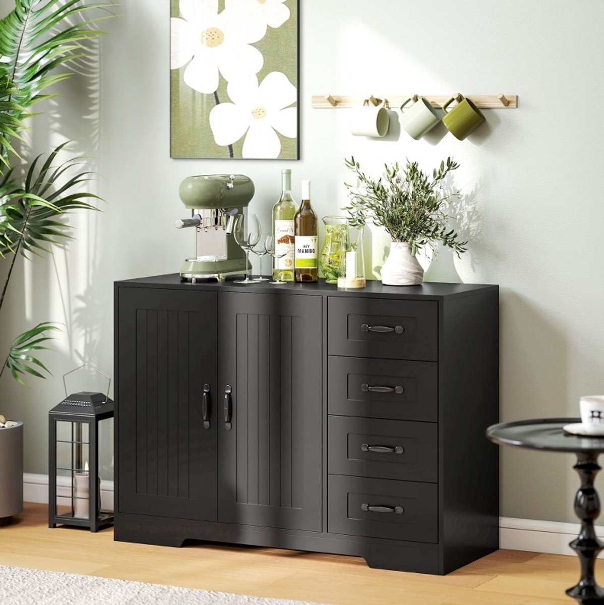 DESMIU Dressoir - Moderne Opbergkast Met 4 Lades En Verstelbare Plank - Voor Woonkamer En Eetkamer - Hout - 105x40x76 Cm - Zwart