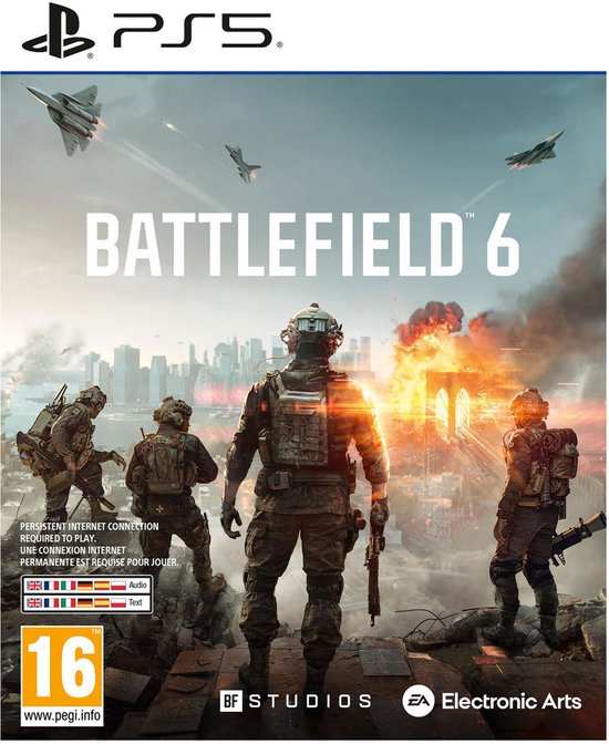Playstation 5 gamehoes 'Battlefield 6' met militairen en gevechtsvliegtuigen boven een stad in brand.