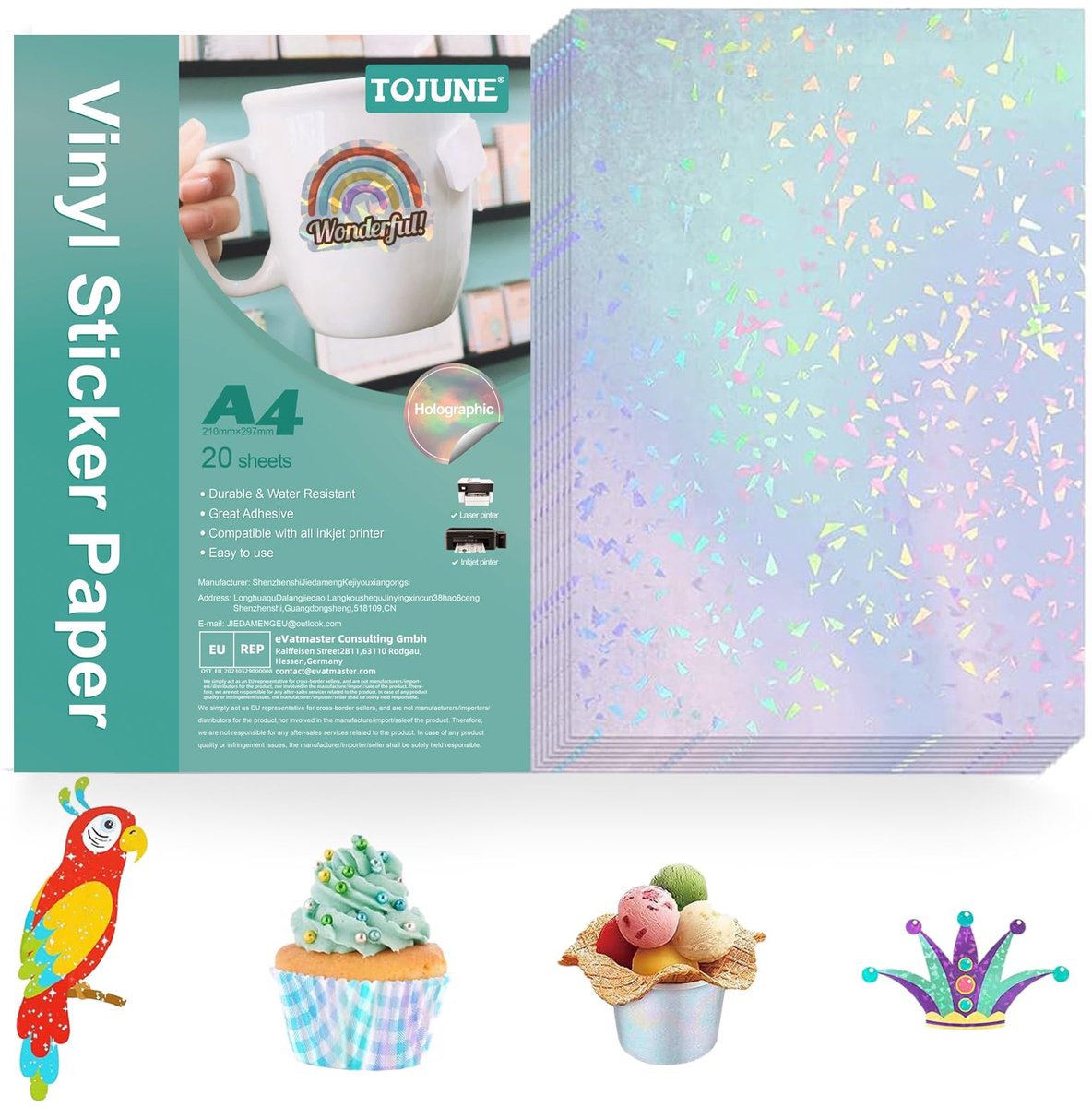 SnelShoppen - TOJUNE Printbaar Vinyl Stickerpapier A4 met Gekleurde Diamantstructuur - Ideaal voor Creatieve Projecten, Feestdecoratie, en Persoonlijk