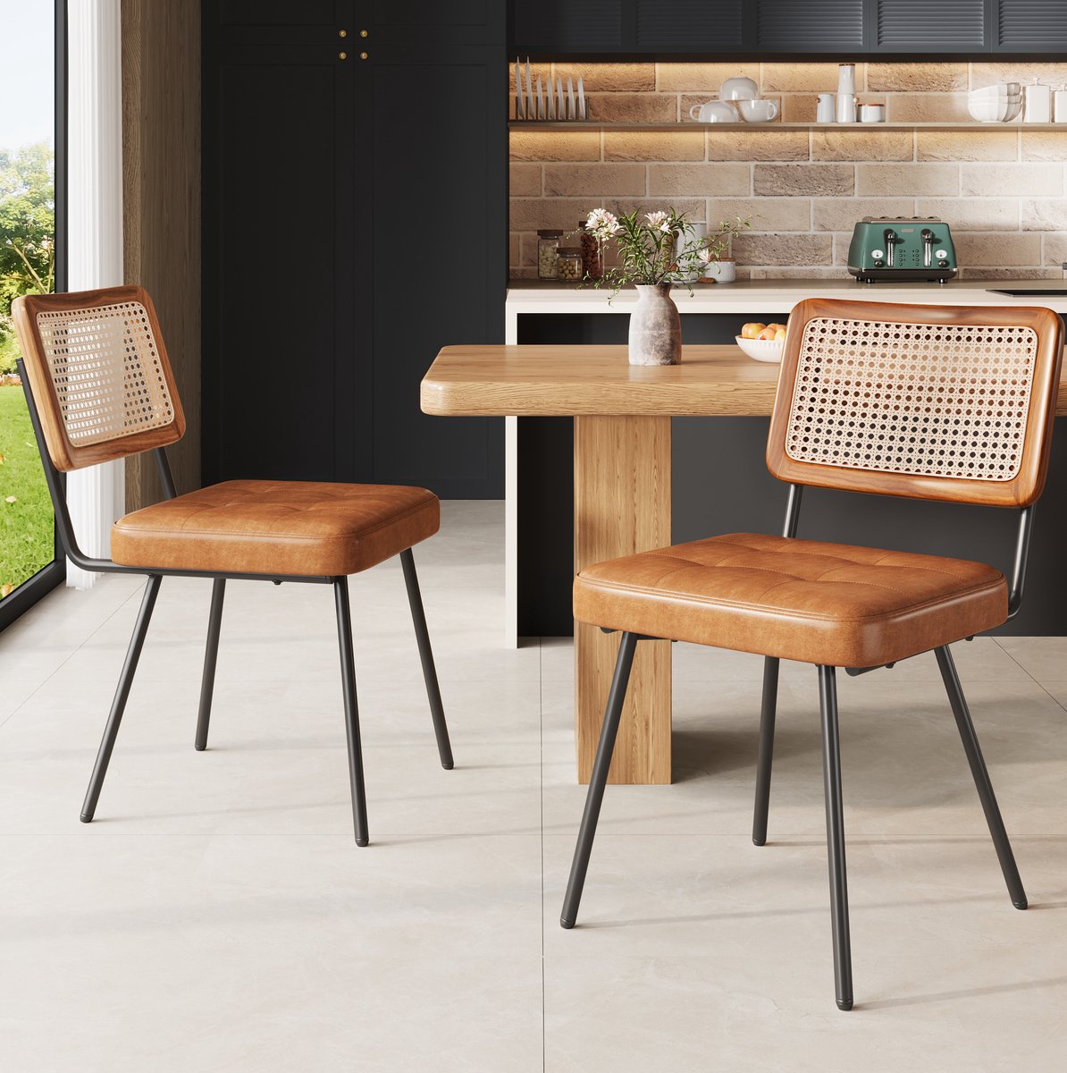 MEUNIQ Eetkamerstoel set van 2, 61 x 46 x 79 cm, PE-rotan rugleuning, kunstleren zitting, metalen poten, retro stoel voor eetkamer of woonkamer, bruin