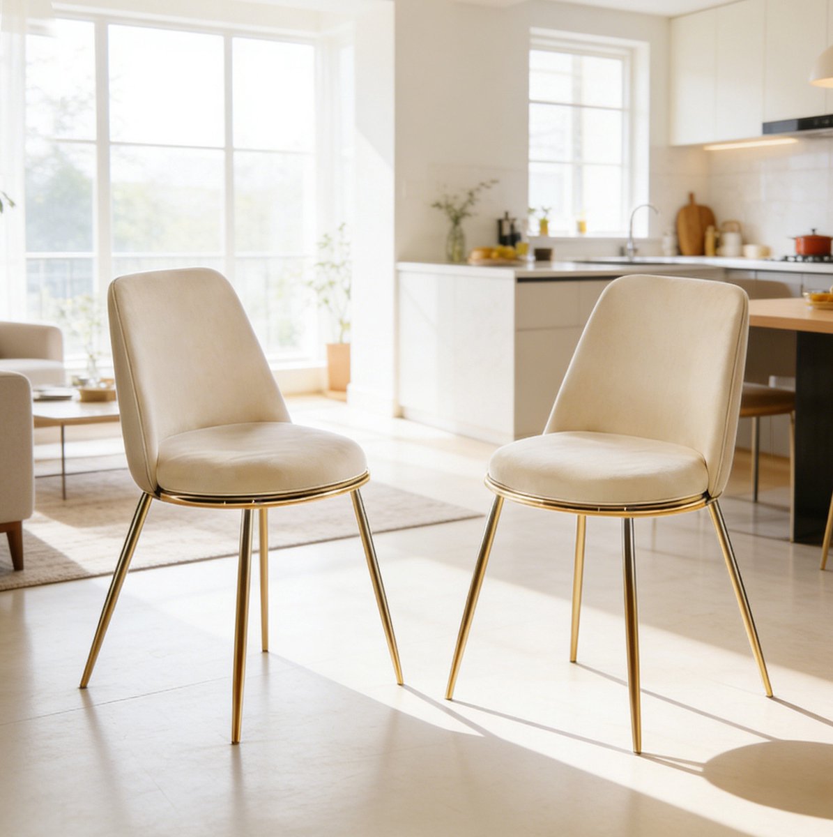 MEUNIQ Eetkamerstoel set van 2 - crème wit, fluwelen bekleding, gouden metalen poten, hoge
