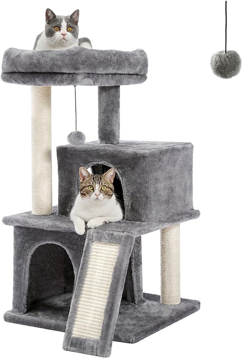QUOVO® Krabpaal Voor Zware Katten – Grote & Stevige Krabpaal - Krabpaal Voor Grote Katten - Kat Toren – Krabton – Hoge Krabpaal 90 cm - XXL - Katten Verblijf Met 2 Huisjes – Krabtoren - Grijs - 42cm x 32cm x 85cm