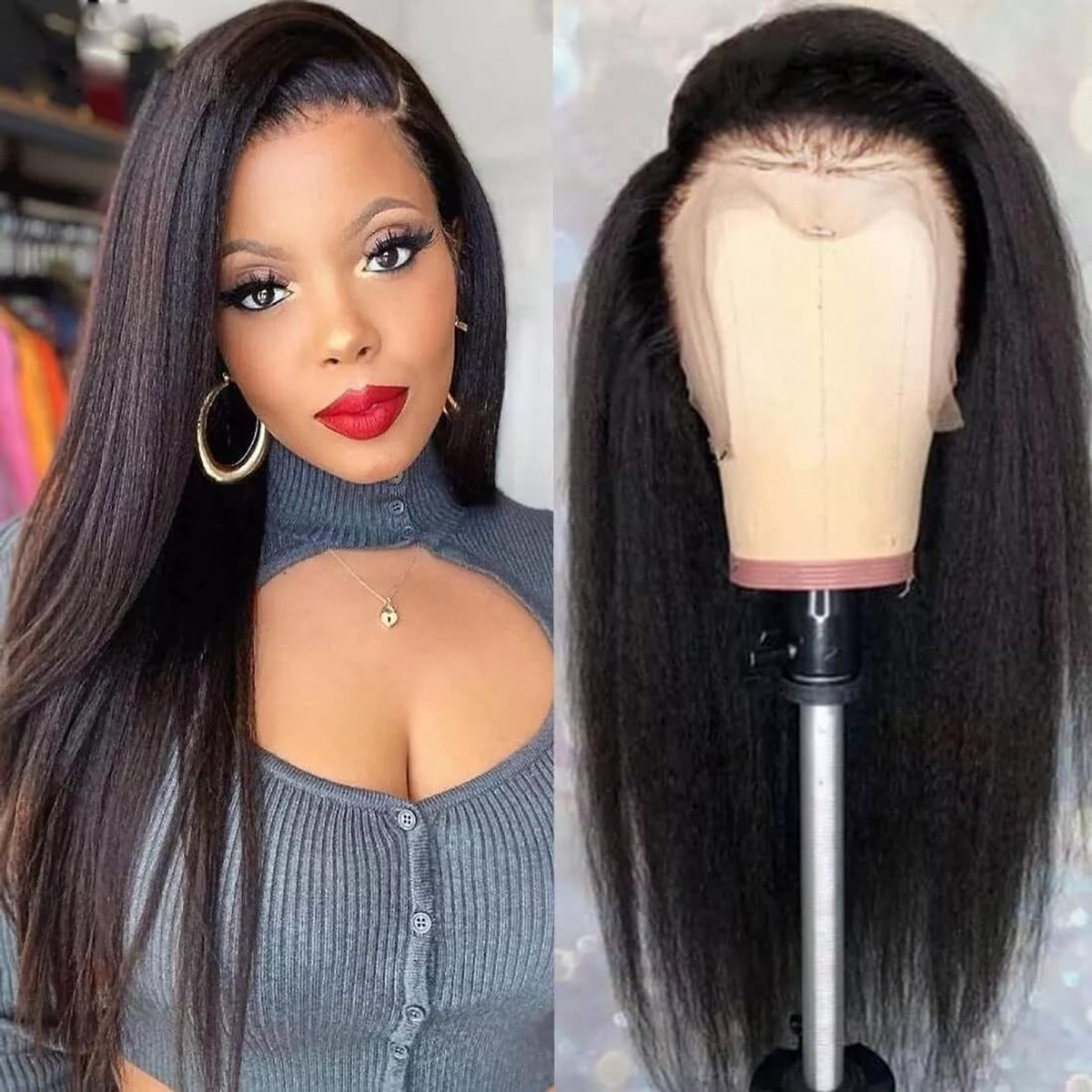 13x4 Lace Front Human Hair Wig Kinky Straight Wigs Human Hair For Women 180% Density Pre Plucked Natural Hairline Yaki - ShopVlot