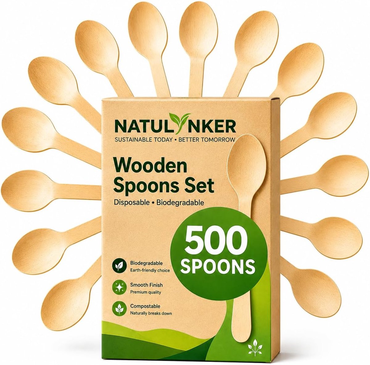 500 houten lepels (Wooden Spoon) wegwerpbestekset, alternatief voor plastic lepels, milieuvriendelijk, biologisch - ShopVlot