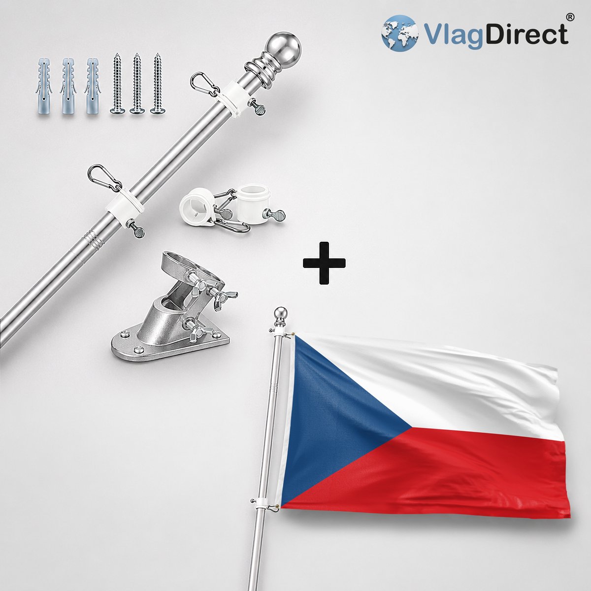 VlagDirect - Compleet vlaggenpakket - Zilveren vlaggenstok inclusief vlaggenstokhouder + Tsjechische vlag - Tsjechië vlag - 90 x 150 cm.