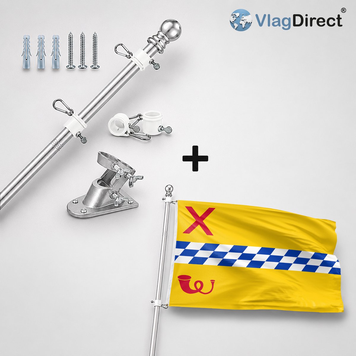 VlagDirect - Compleet vlaggenpakket - Zilveren vlaggenstok inclusief vlaggenstokhouder + Woerden vlag - Gemeente Woerden vlag - 90 x 150 cm.