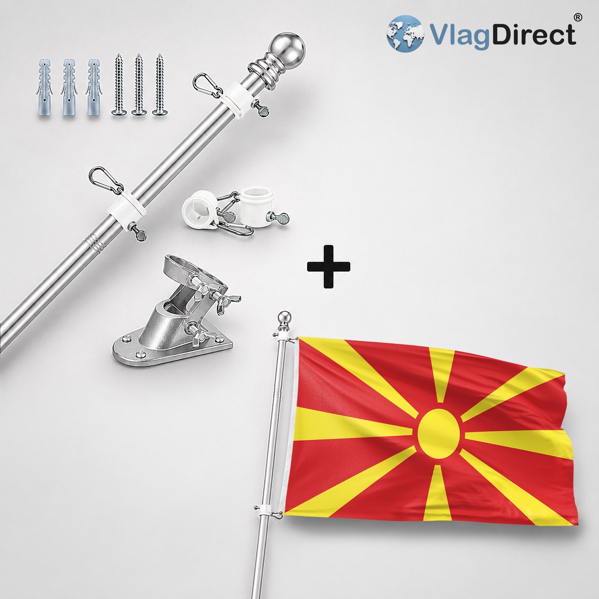 VlagDirect - Compleet vlaggenpakket - Zilveren vlaggenstok inclusief vlaggenstokhouder + Macedonische vlag - Macedonië vlag - 90 x 150 cm