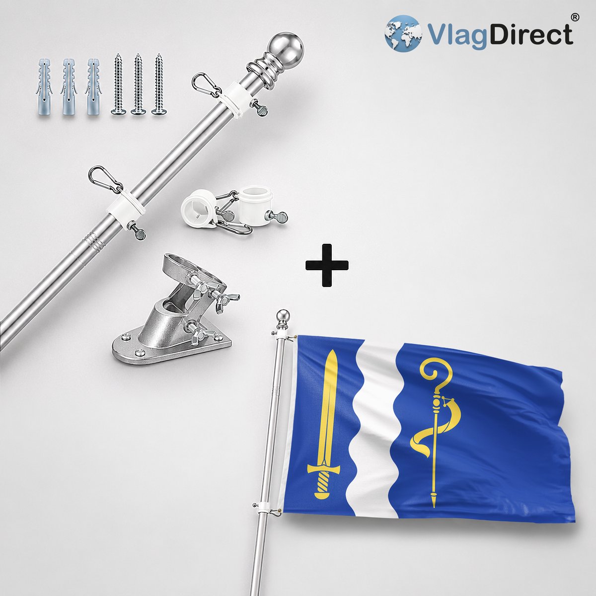 VlagDirect - Compleet vlaggenpakket - Zilveren vlaggenstok inclusief vlaggenstokhouder + Maasgouw vlag - Gemeente Maasgouw vlag - 90 x 150 cm.