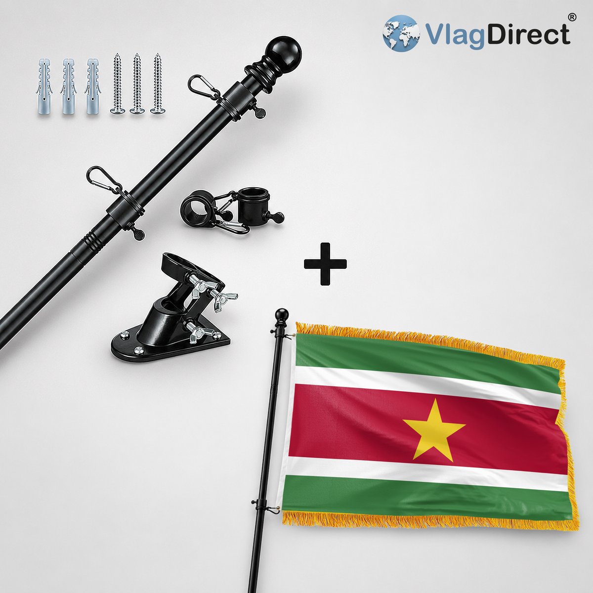 VlagDirect - Compleet vlaggenpakket - Zwarte vlaggenstok inclusief vlaggenstokhouder + Luxe Surinaamse vlag - Luxe Suriname vlag - 90 x 150 cm - Franjes.