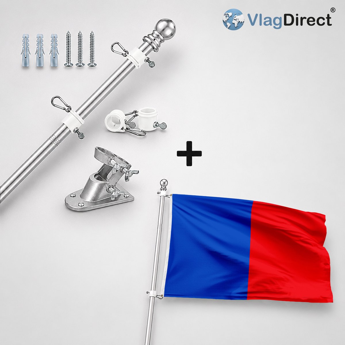 VlagDirect - Compleet vlaggenpakket - Zilveren vlaggenstok inclusief vlaggenstokhouder + Sint-Joostse vlag - Gemeente Sint-Joost-ten-Node vlag - 90 x 150 cm.
