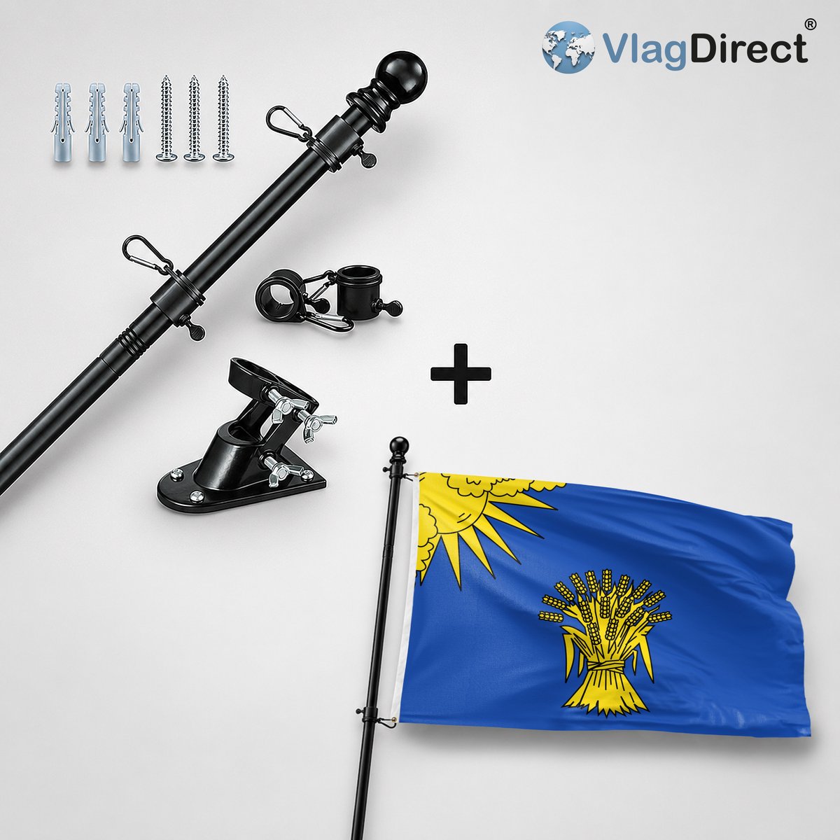 VlagDirect - Compleet vlaggenpakket - Zwarte vlaggenstok inclusief vlaggenstokhouder + Reusel-De Mierden vlag - Gemeente Reusel-De Mierden vlag - 90 x 150 cm.