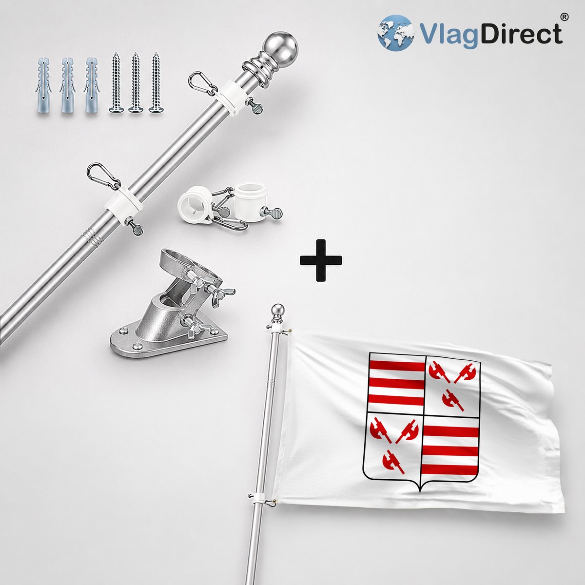 VlagDirect - Compleet vlaggenpakket - Zilveren vlaggenstok inclusief vlaggenstokhouder + Gemeente Sivry-Rance vlag - 90 x 150 cm.