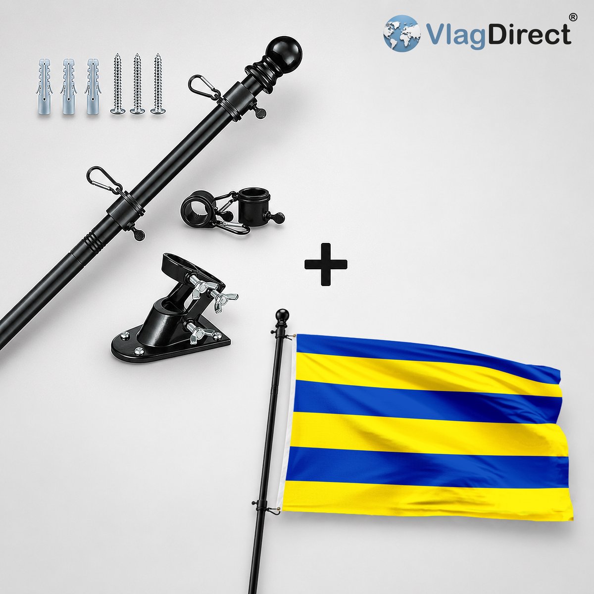 VlagDirect - Compleet vlaggenpakket - Zwarte vlaggenstok inclusief vlaggenstokhouder + Kapelse vlag - Gemeente Kapellen vlag - 90 x 150 cm.