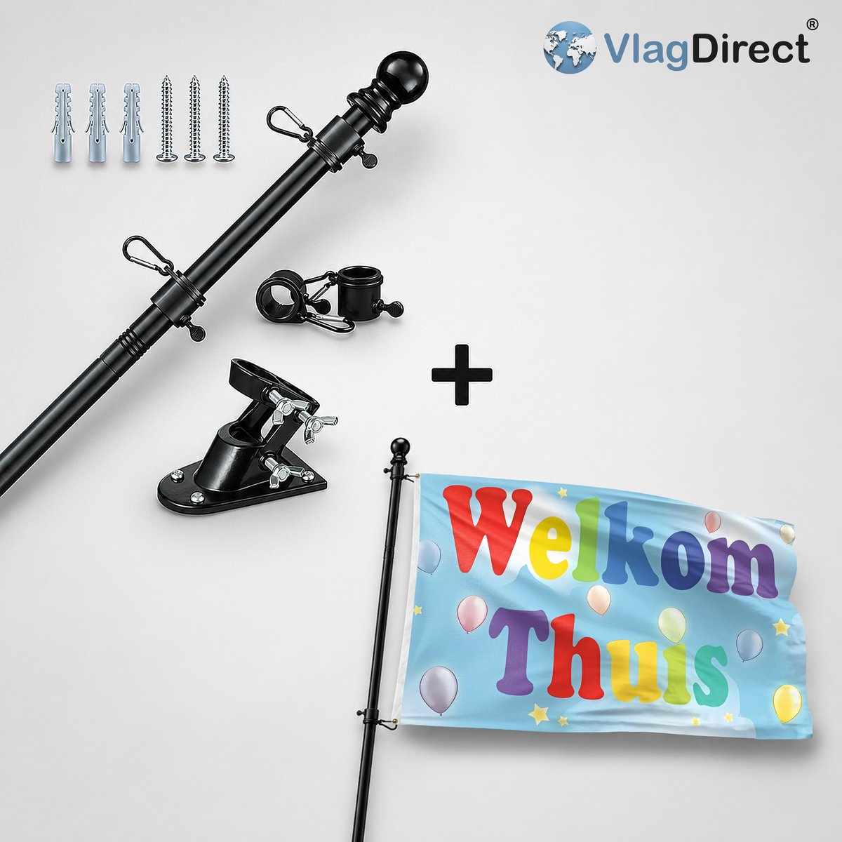 VlagDirect - Compleet vlaggenpakket - Zwarte vlaggenstok inclusief vlaggenstokhouder + Welkom thuis vlag - Welkom thuis versiering vlag - 90 x 150 cm.