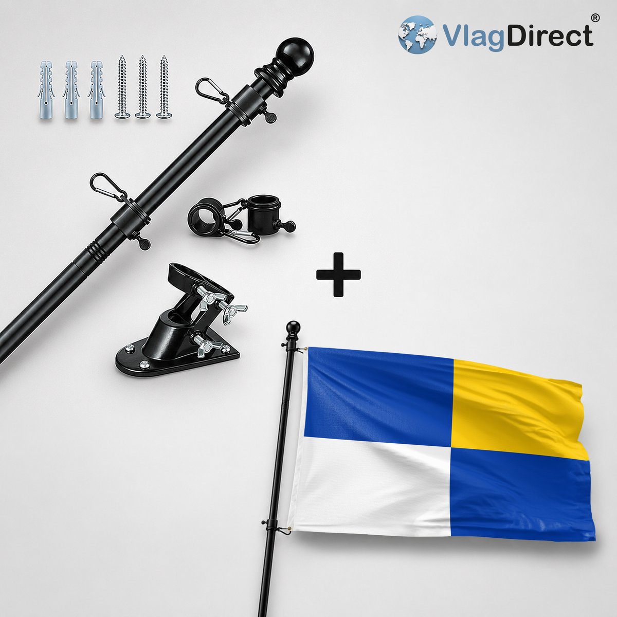 VlagDirect - Compleet vlaggenpakket - Zwarte vlaggenstok inclusief vlaggenstokhouder + Winterswijk vlag - Gemeente Winterswijk vlag - 90 x 150 cm.