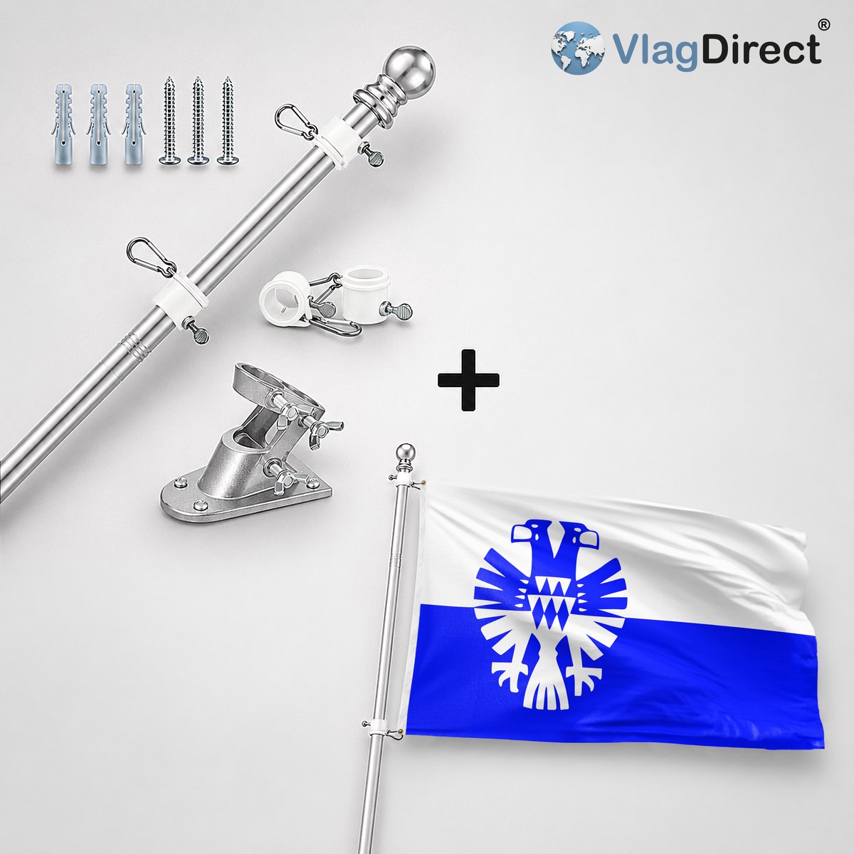 VlagDirect - Compleet vlaggenpakket - Zilveren vlaggenstok inclusief vlaggenstokhouder + Arnhemse vlag - Arnhem vlag - 90 x 150 cm.
