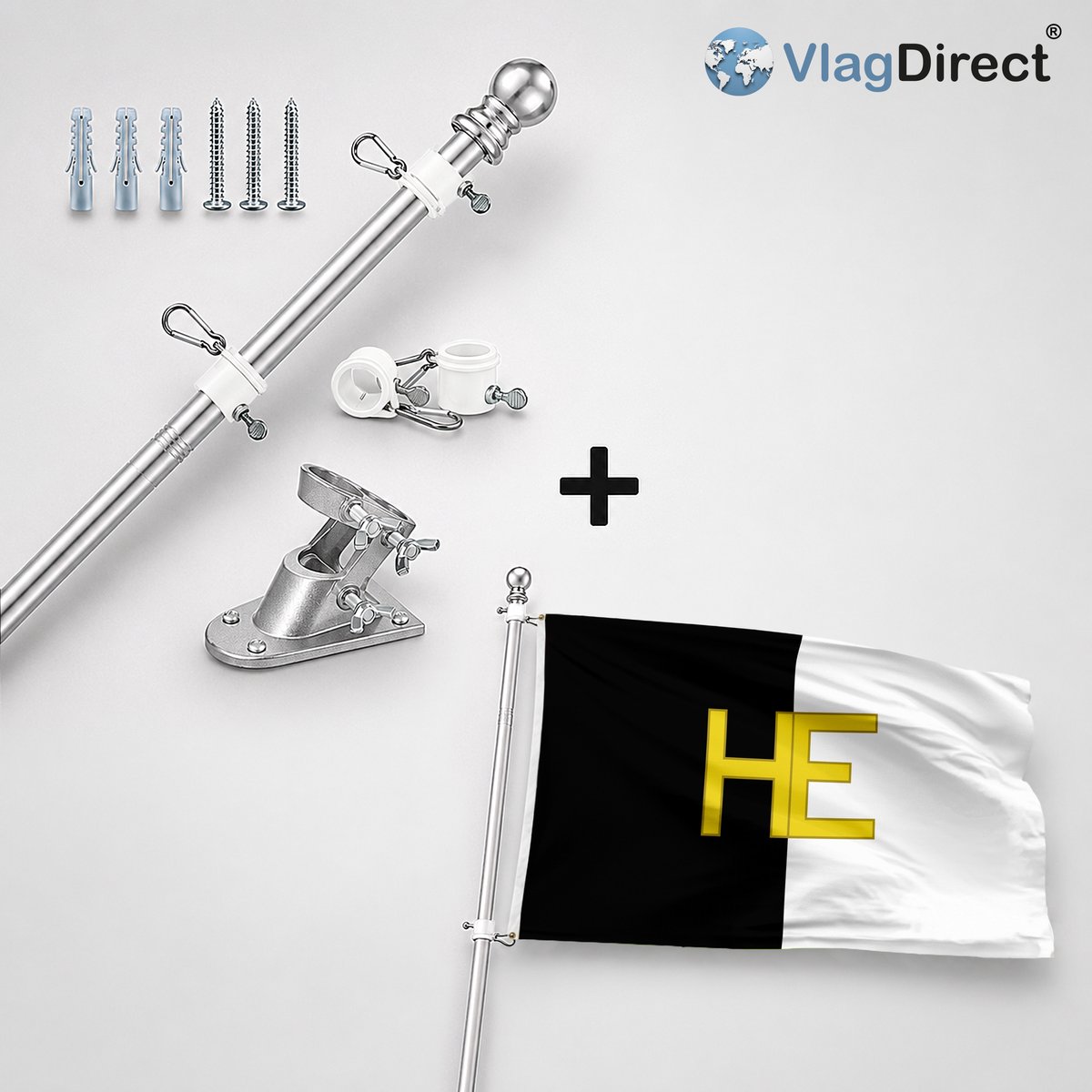 VlagDirect - Compleet vlaggenpakket - Zilveren vlaggenstok inclusief vlaggenstokhouder + Hechtelse vlag - Gemeente Hechtel-Eksel vlag - 90 x 150 cm.