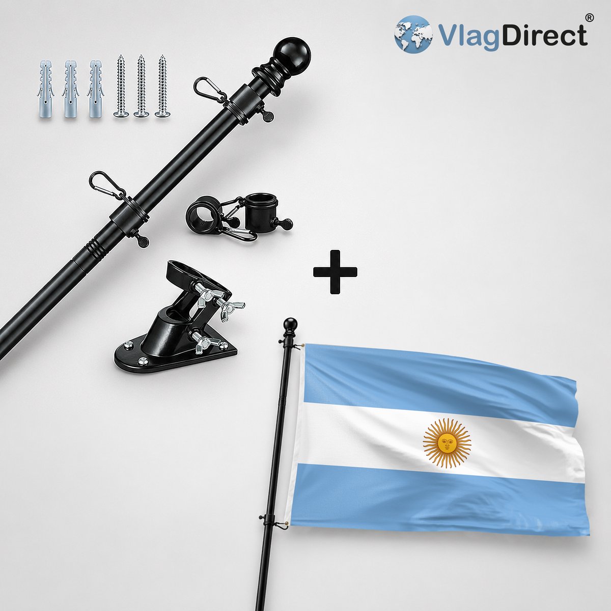 VlagDirect - Compleet vlaggenpakket - Zwarte vlaggenstok inclusief vlaggenstokhouder + Argentijnse vlag - Argentinië vlag - 90 x 150 cm.