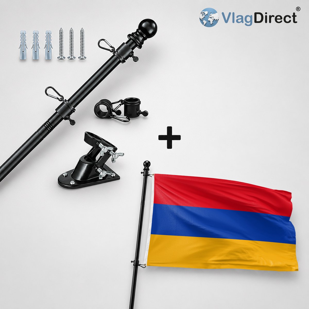 VlagDirect - Compleet vlaggenpakket - Zwarte vlaggenstok inclusief vlaggenstokhouder + Armeense vlag - Armenië vlag - 90 x 150 cm.
