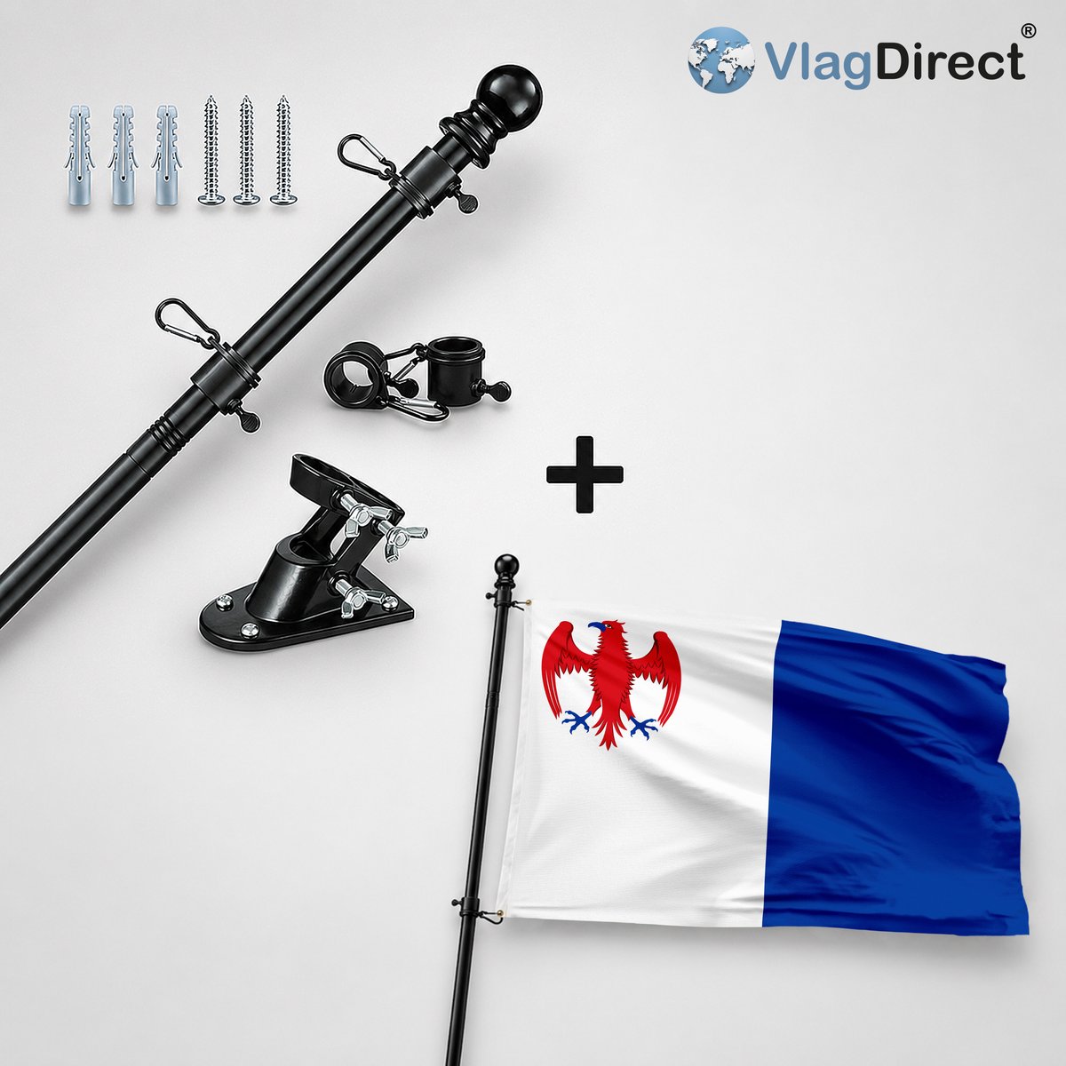 VlagDirect - Compleet vlaggenpakket - Zwarte vlaggenstok inclusief vlaggenstokhouder + Gemeente Walcourt vlag - 90 x 150 cm.