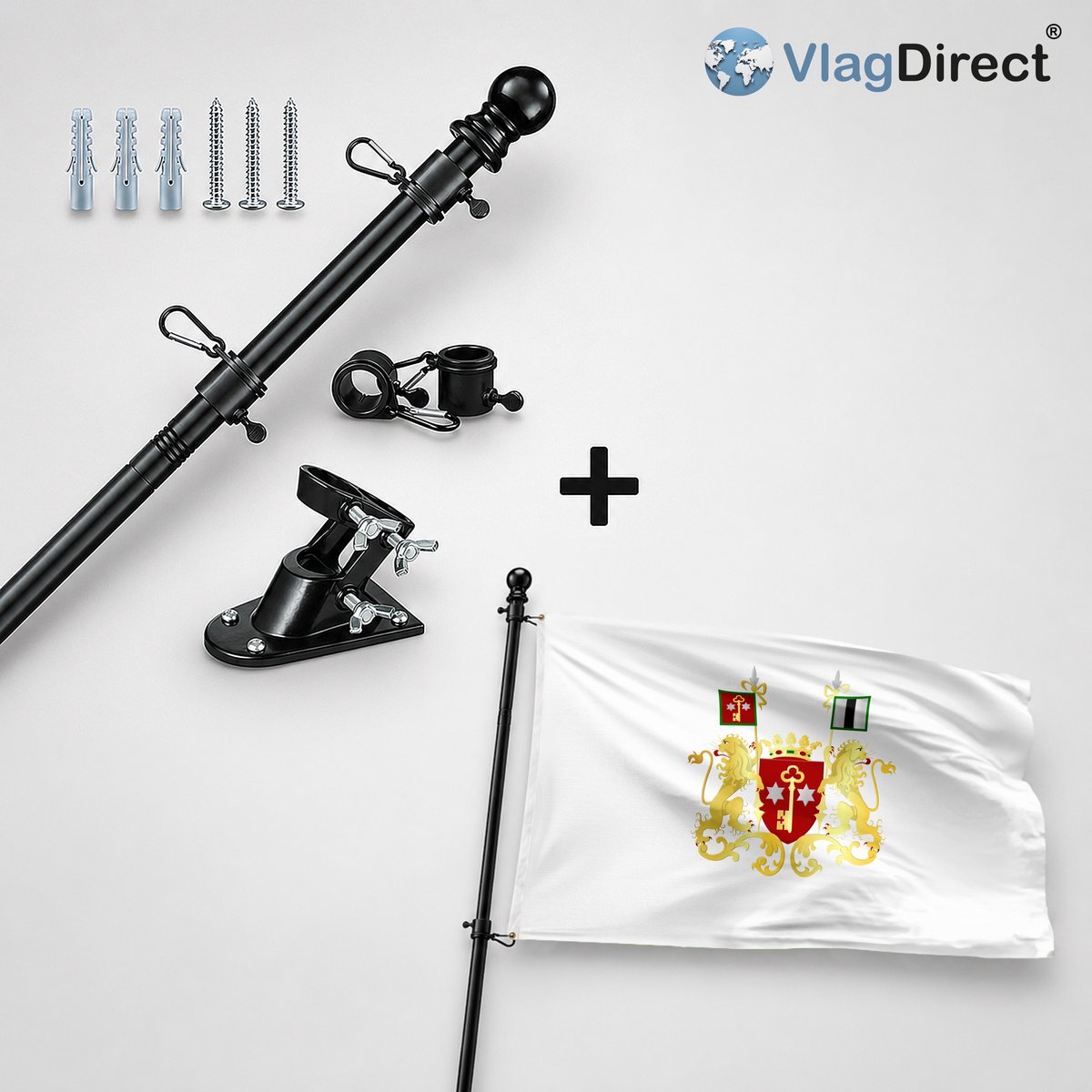 VlagDirect - Compleet vlaggenpakket - Zwarte vlaggenstok inclusief vlaggenstokhouder + Gemeente Seneffe vlag - 90 x 150 cm.