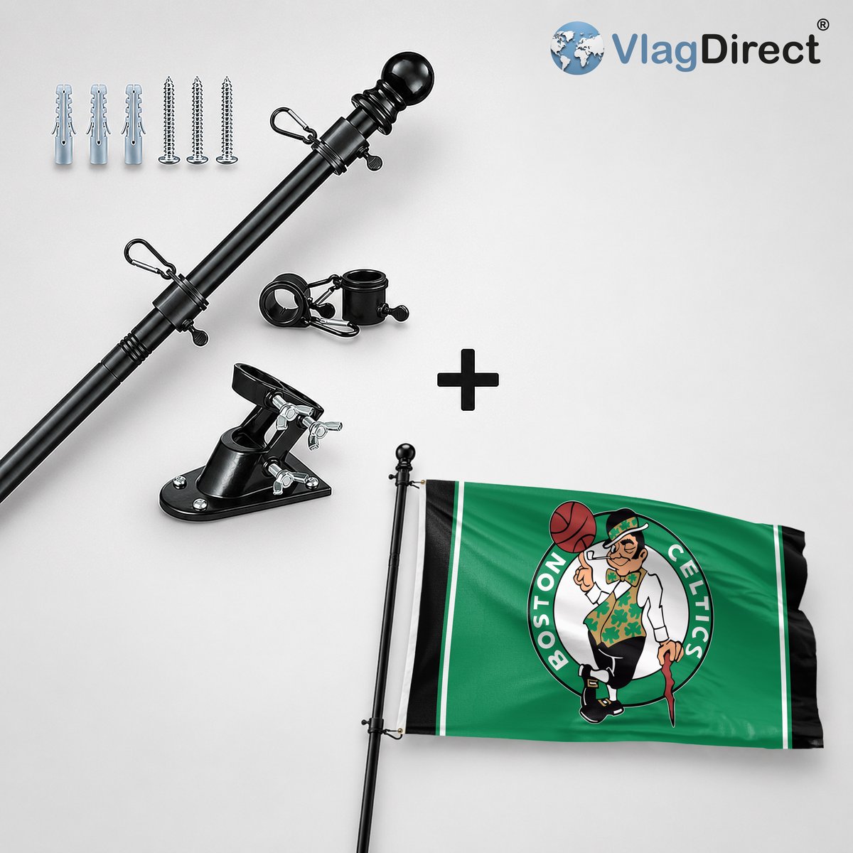 VlagDirect - Compleet vlaggenpakket - Zwarte vlaggenstok inclusief vlaggenstokhouder + Boston Celtics vlag - Boston Celtics basketbalteam vlag - 90 x 150 cm.
