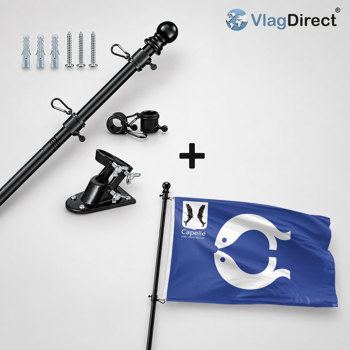 VlagDirect - Compleet vlaggenpakket - Zwarte vlaggenstok inclusief vlaggenstokhouder + Capelle aan den IJssel vlag - Gemeente Capelle aan den IJssel vlag - 90 x 150 cm.