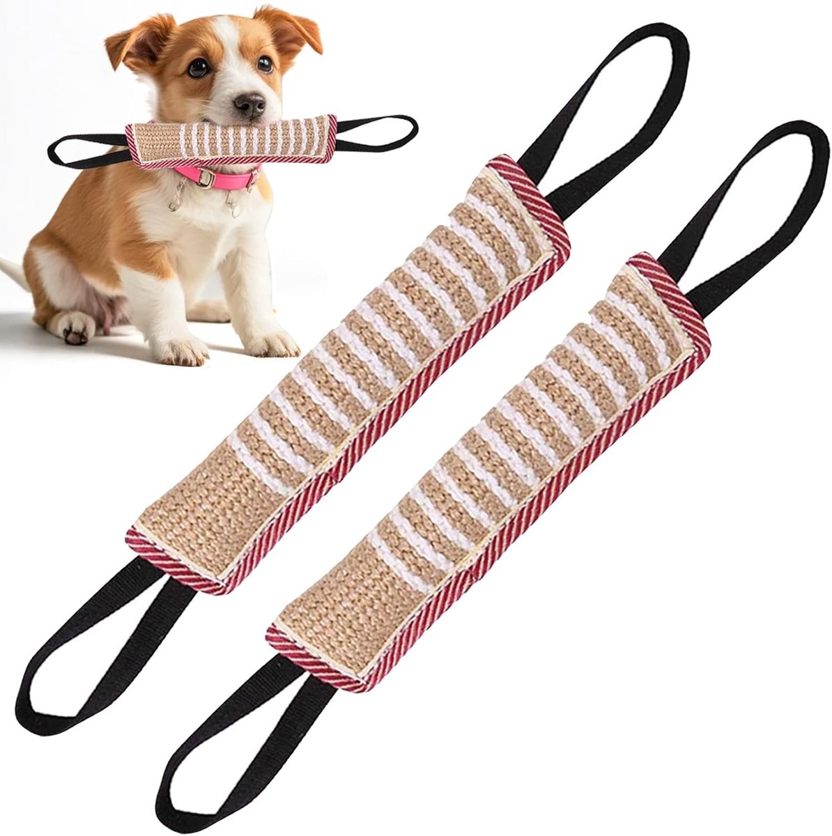 2 pieces of bite sausage for dogs, jute bite sausage with 2 handles, tug of war, pull games dog, robust jute dog toys - ShopVlot